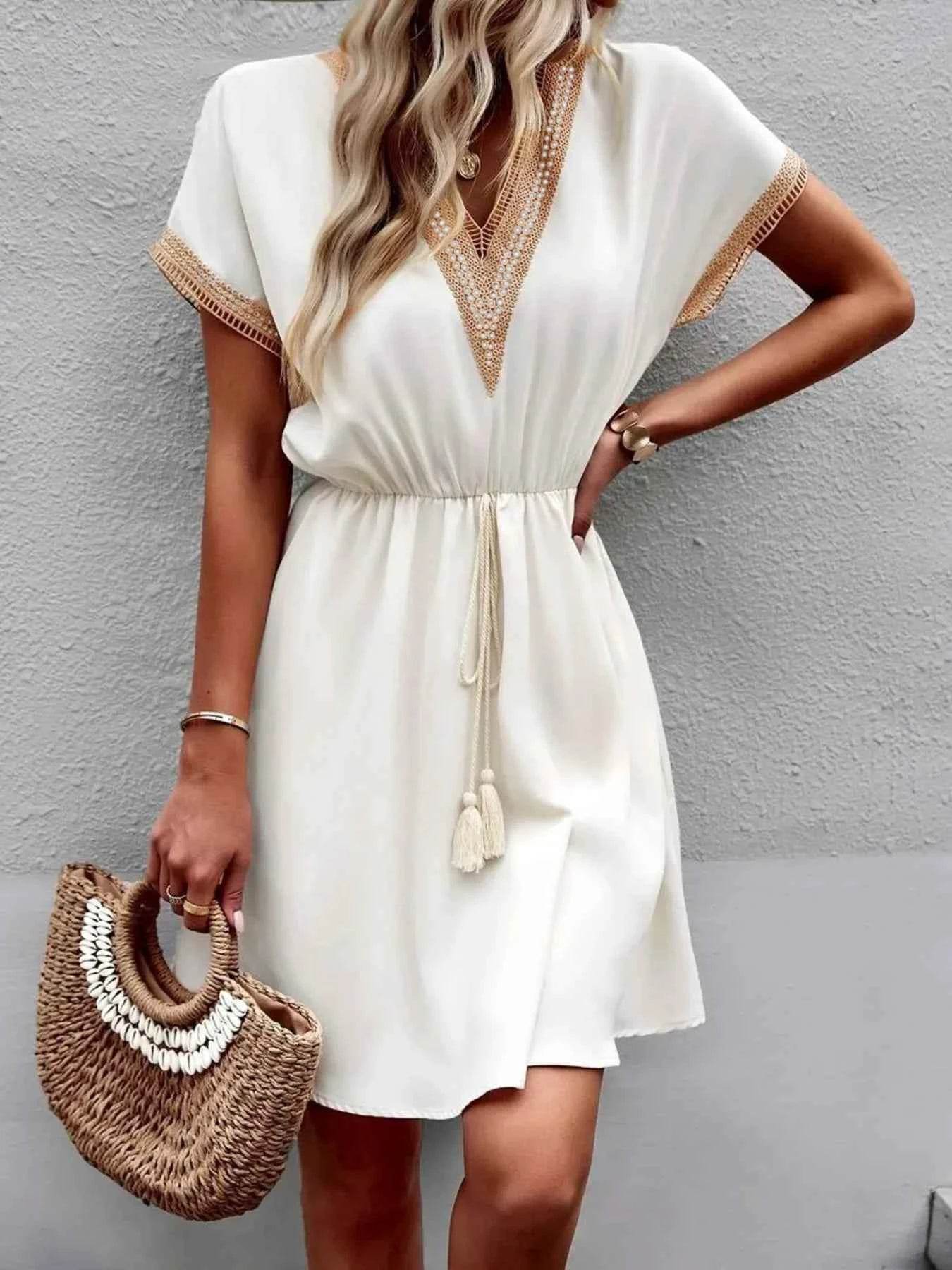 V-Neck Short Sleeve Mini Dress.
