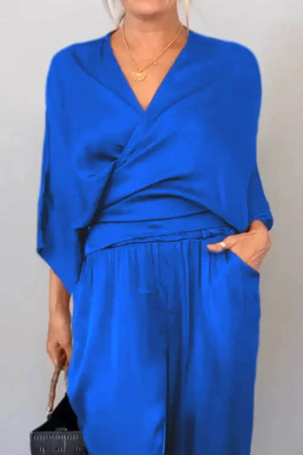 Plus Size Wrap Set - Stylish Surplice Top and Pants for Effortless Elegance - EBYNN