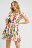 Umgee Tropical Print Tie Neck Ruffled Hem Mini Dress.