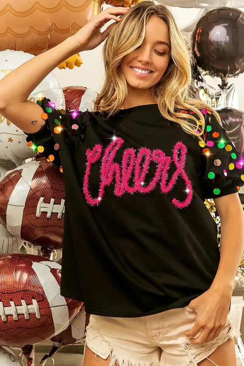 BiBi Metallic Letter Spangle Raglan Puff Sleeve Top.