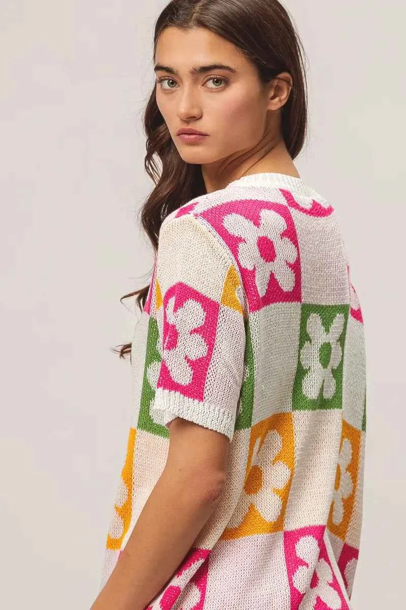 BiBi Floral Checker Pattern Lightweight Pullover Sweater.
