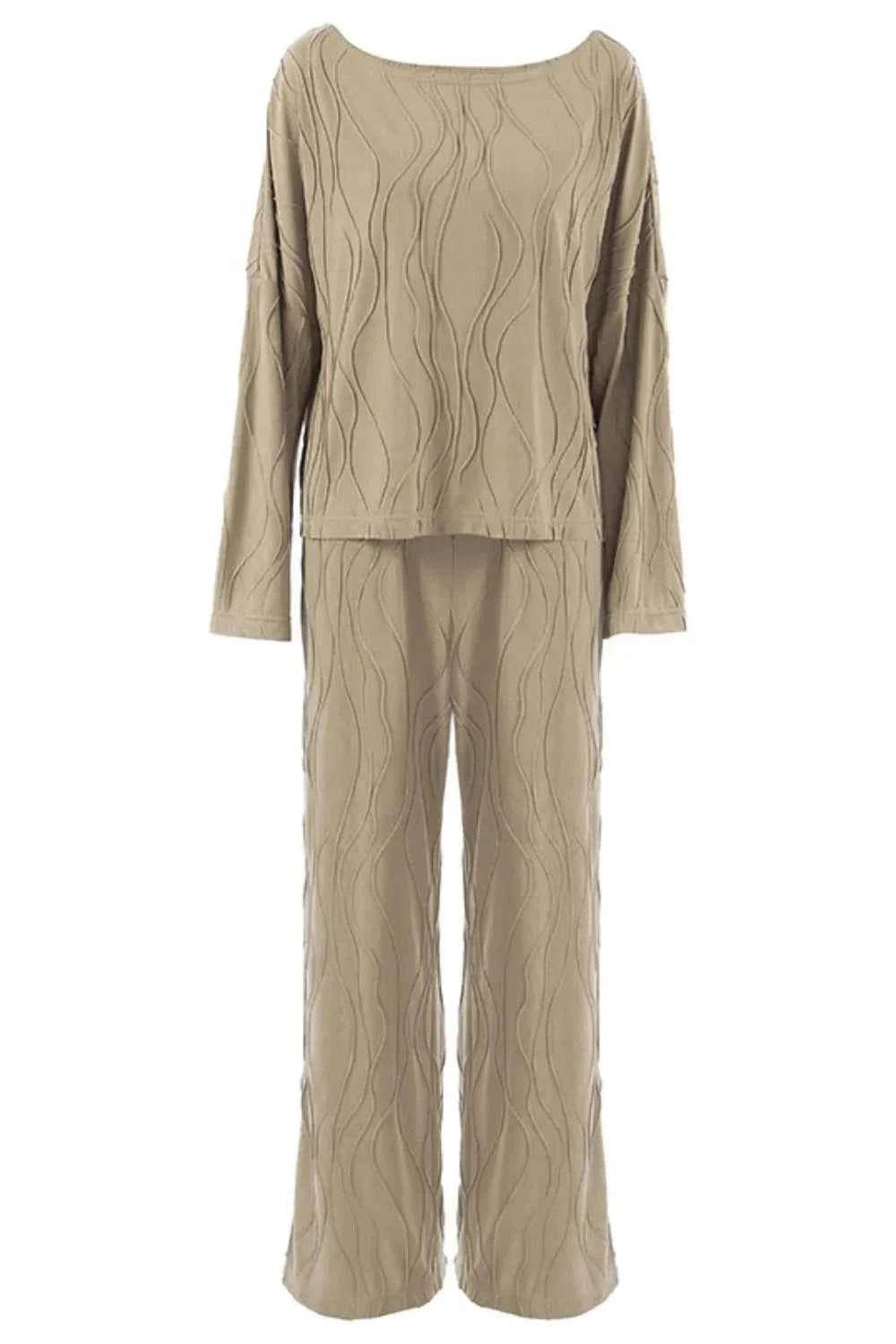 Texture Dropped Shoulder Long Sleeve Top and Pants Set.