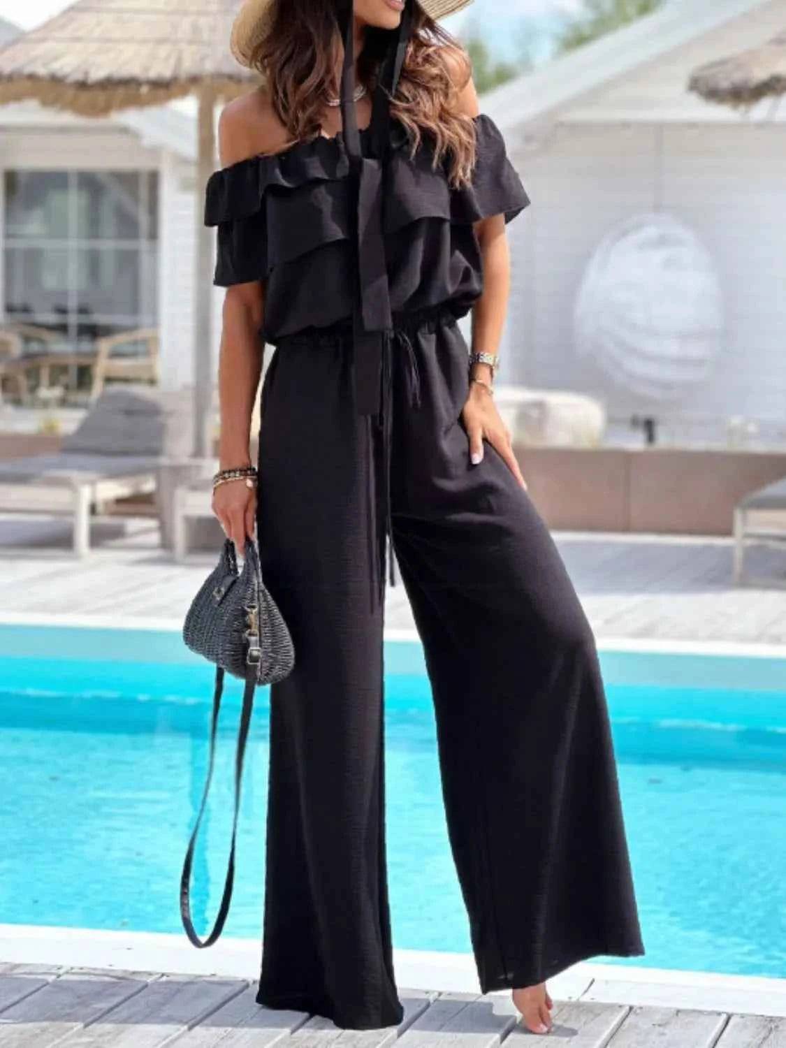 Off-Shoulder Ruffled Wide Leg Jumpsuit.
