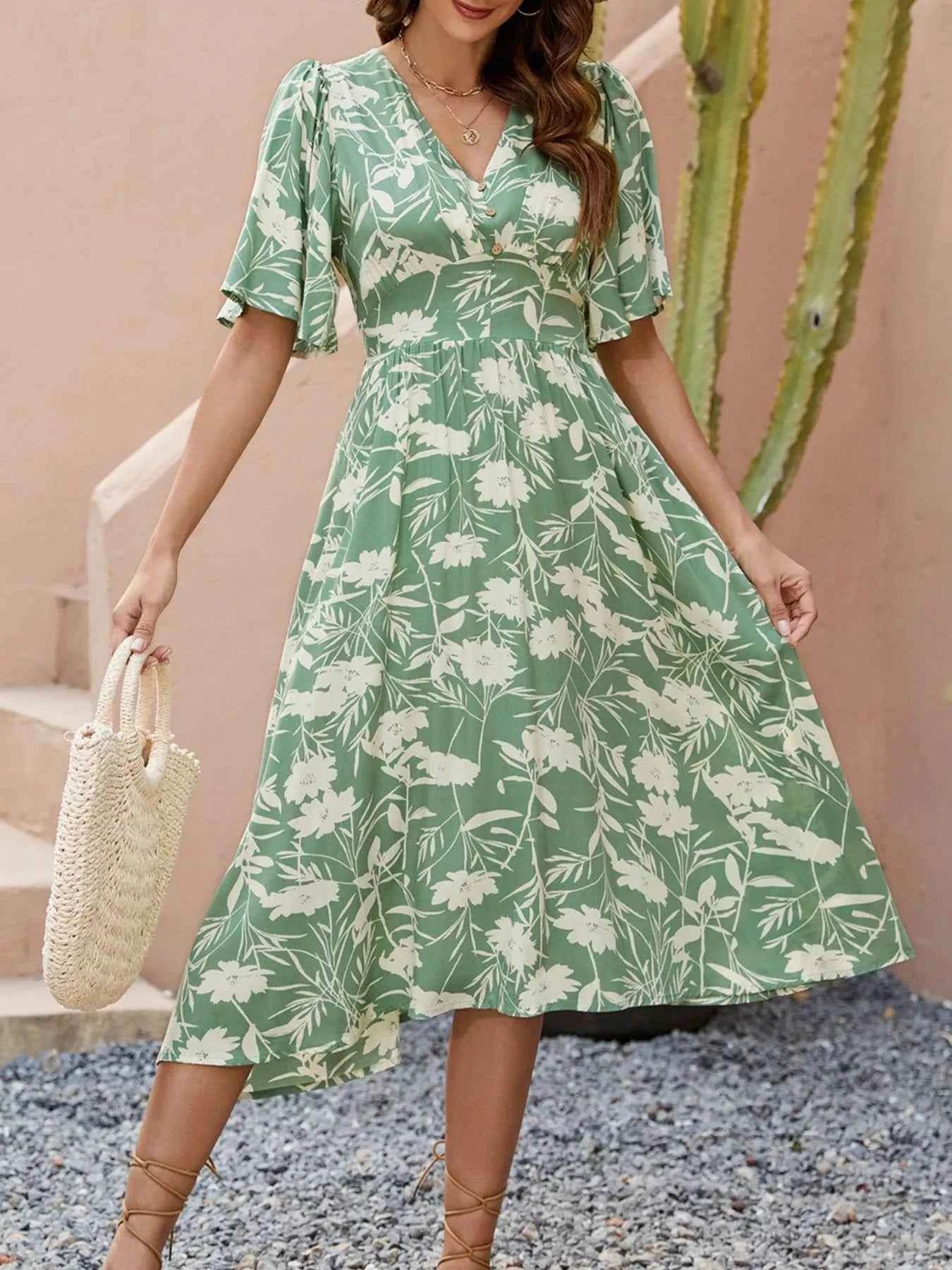 Printed V-Neck Flutter Sleeve Midi Dress.