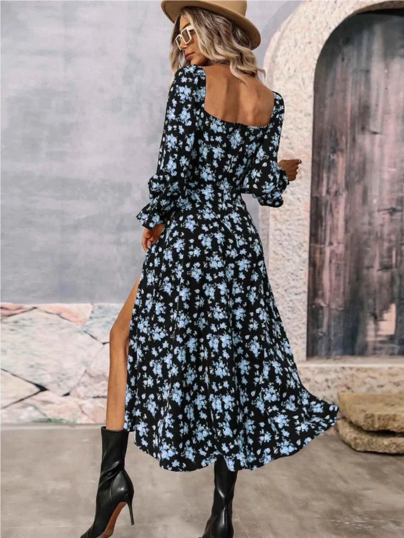 Floral Print Square Neck Dress with Flounce Sleeves.