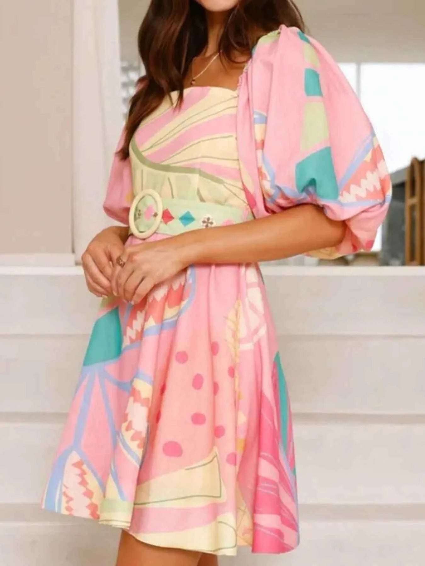 Printed Square Neck Puff Sleeve Dress.