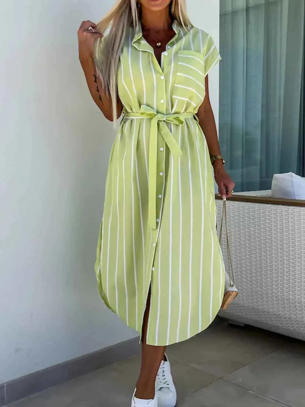 Striped Tie Waist Short Sleeve Dress.
