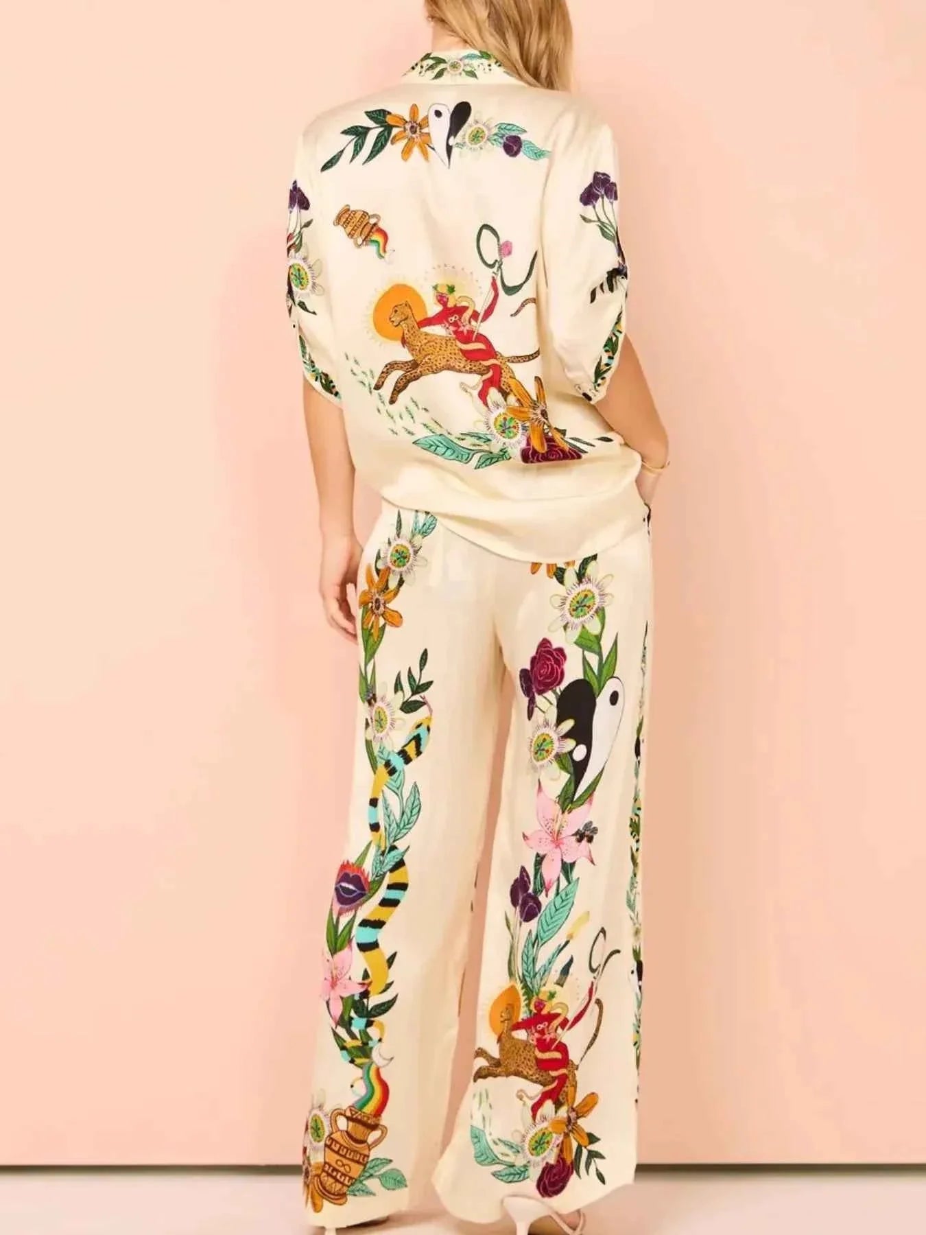 Printed Button-Up Shirt and Pants Set.