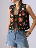 Floral Embroidered Lace-Up Vest.