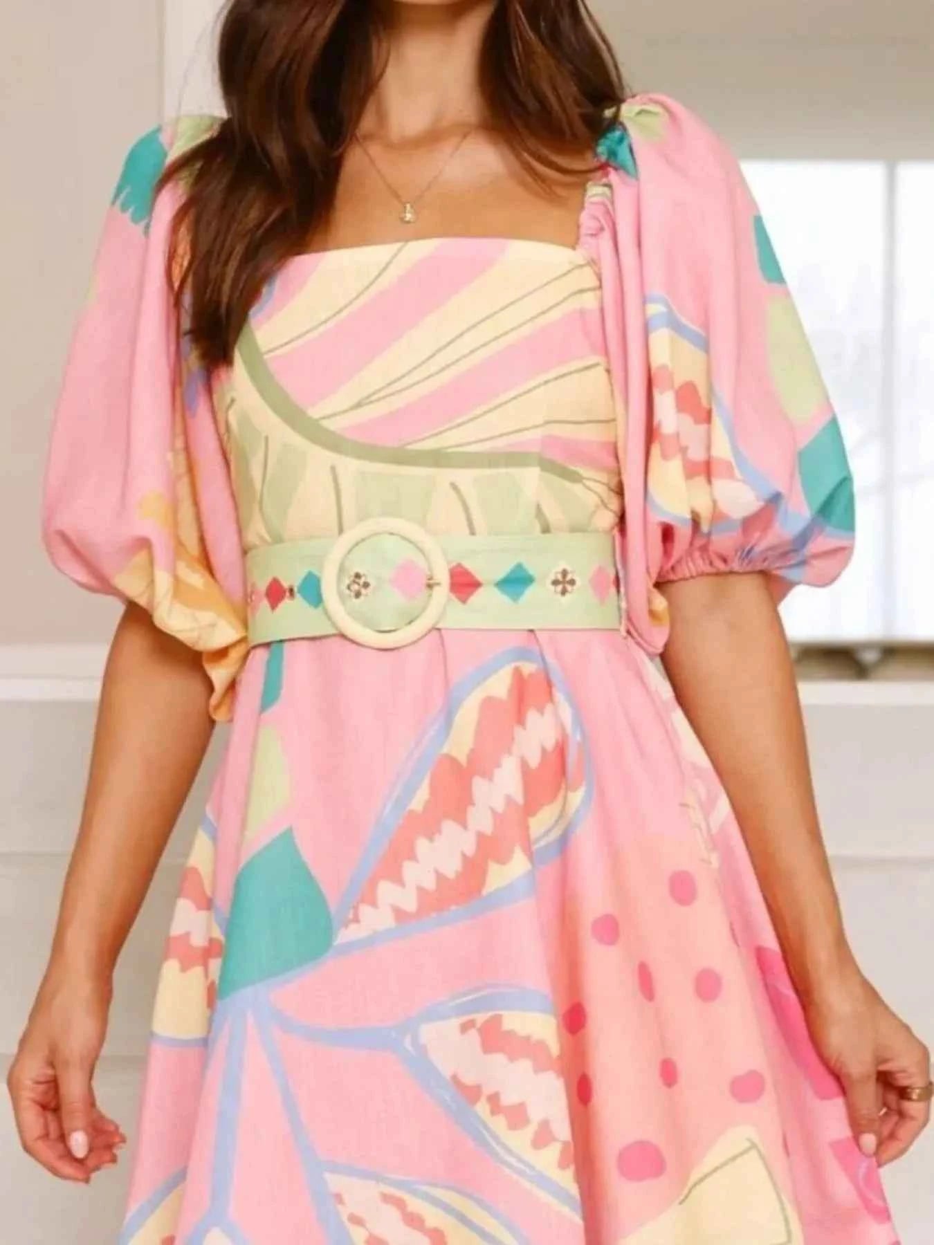 Printed Square Neck Puff Sleeve Dress.