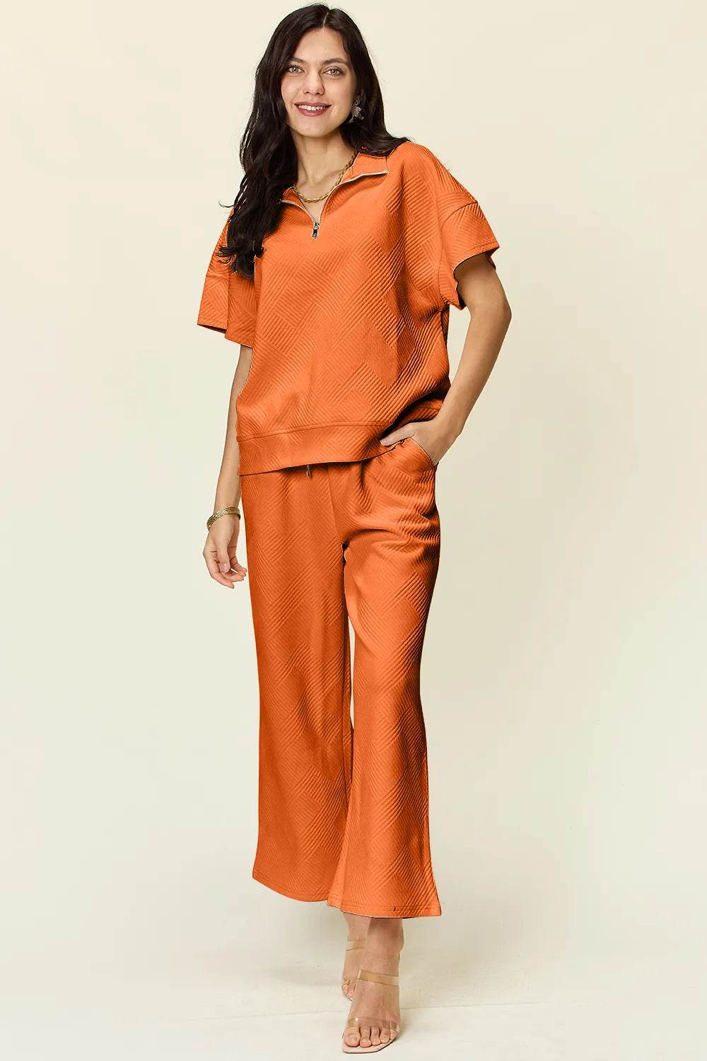 Double Take Texture Set: Full Size Half Zip Top & Pants Set - EBYNN