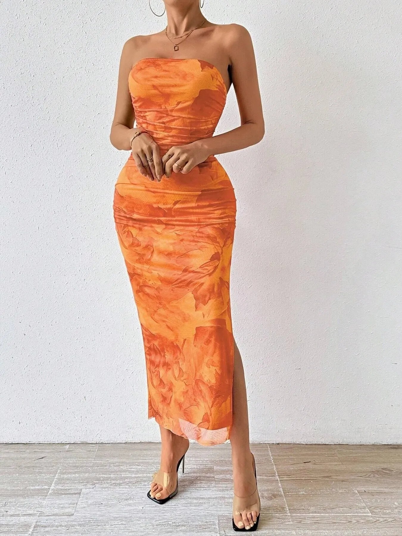 Printed Side Slit Tube Dress.