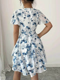 Printed Surplice Layered Mini Dress.