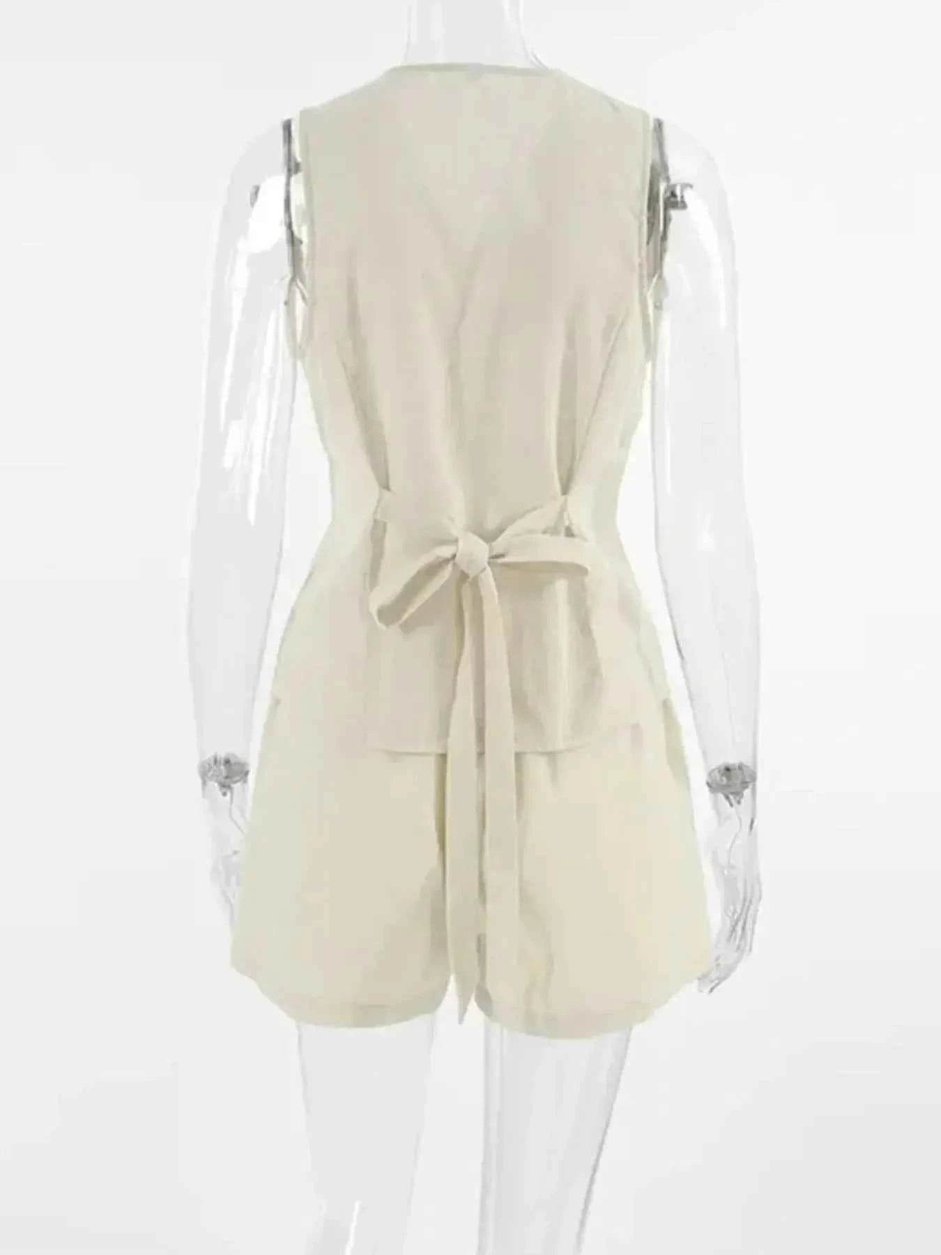 Button Up V-Neck Vest and Shorts Set - Contrast Trim Top and Pants Set - EBYNN