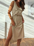 Slit V-Neck Sleeveless Sweater Dress.