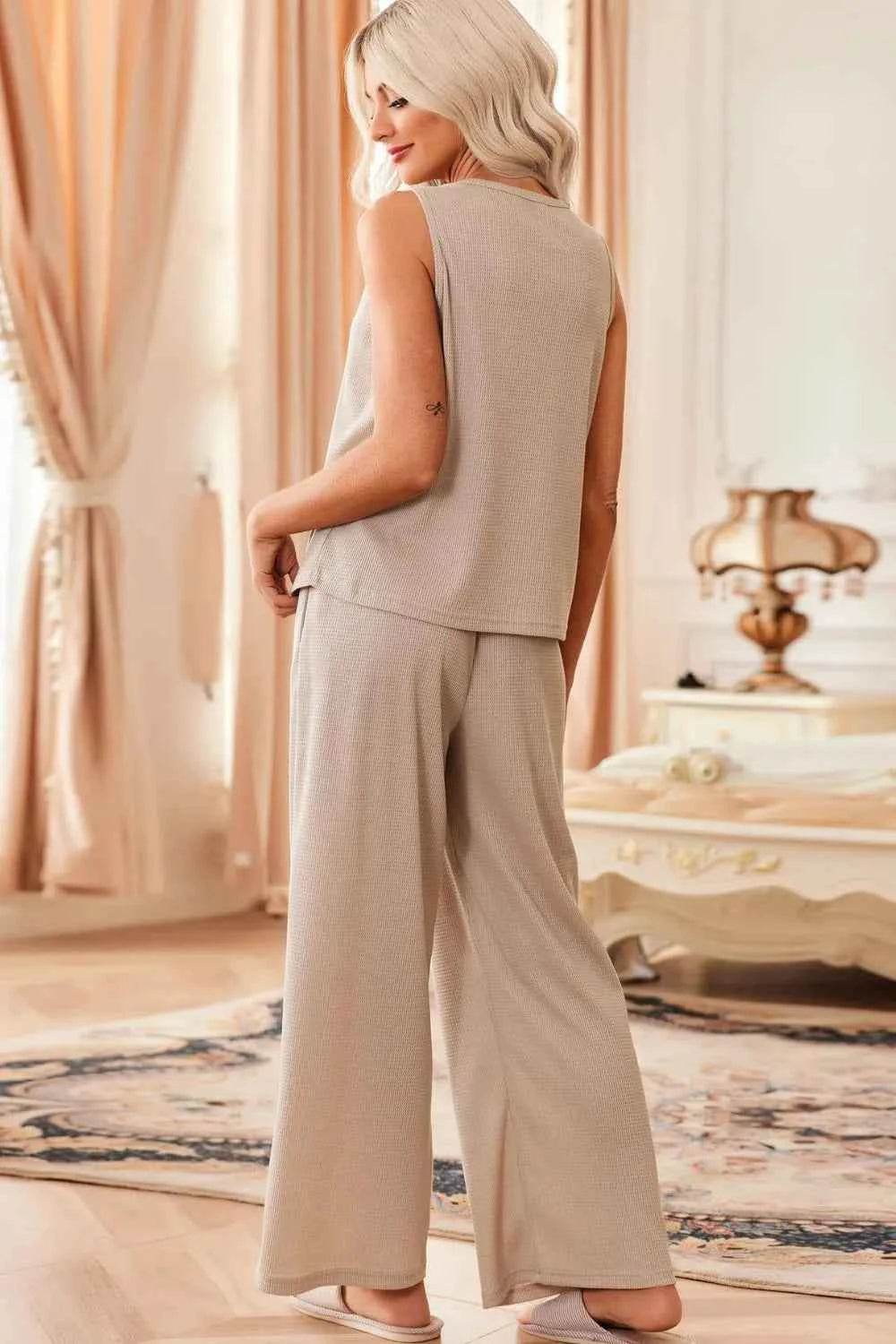 Waffle-Knit Round Neck Tank and Pants Set - EBYNN