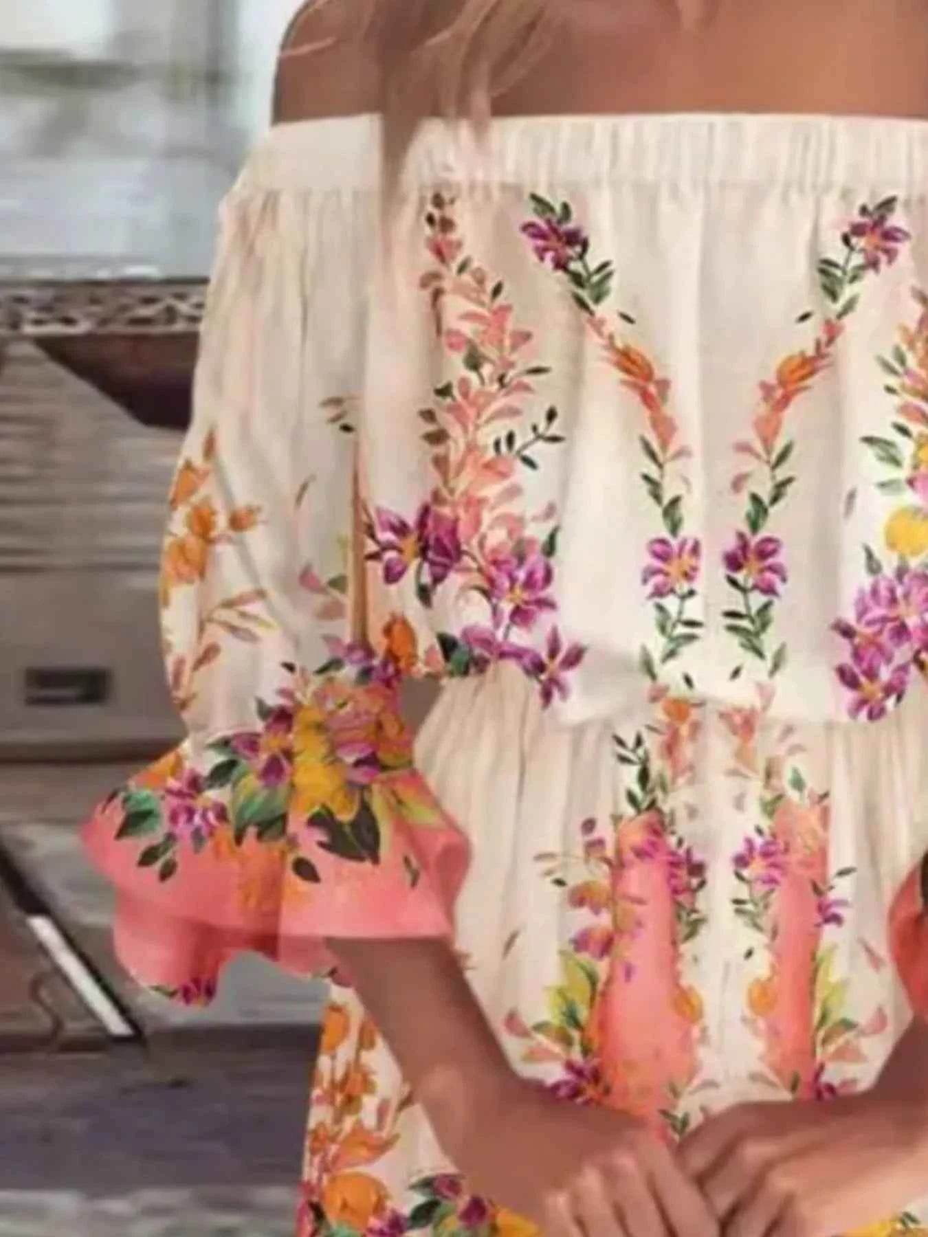 Floral Off-Shoulder Flounce Sleeve Mini Dress Plus Size.