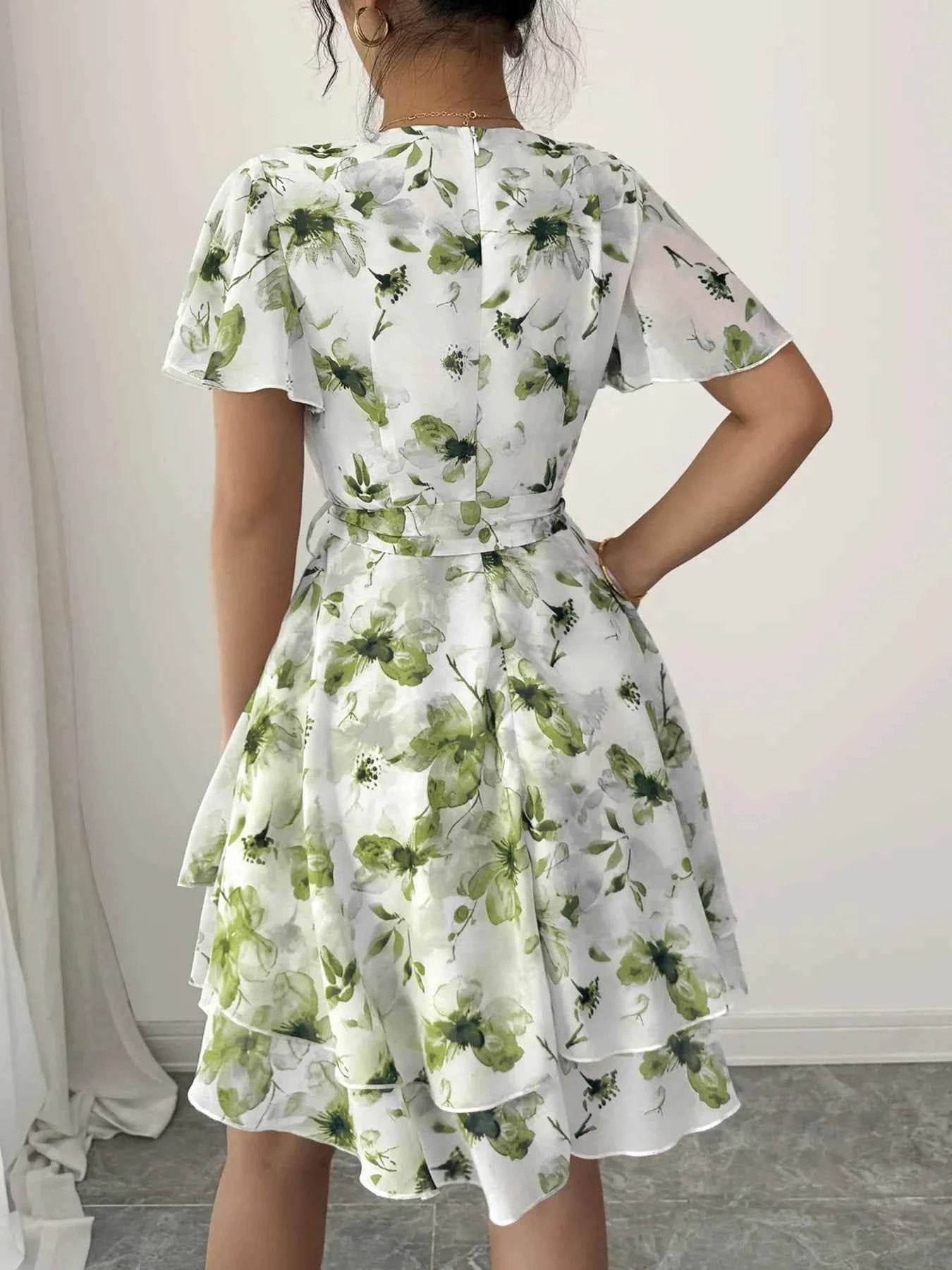 Printed Surplice Layered Mini Dress.