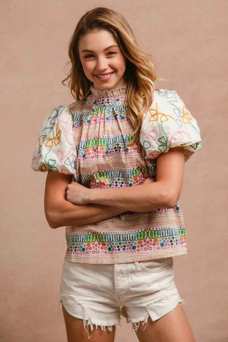 Ruffle Neckline Blouse with Embroidery for Effortless Style - EBYNN