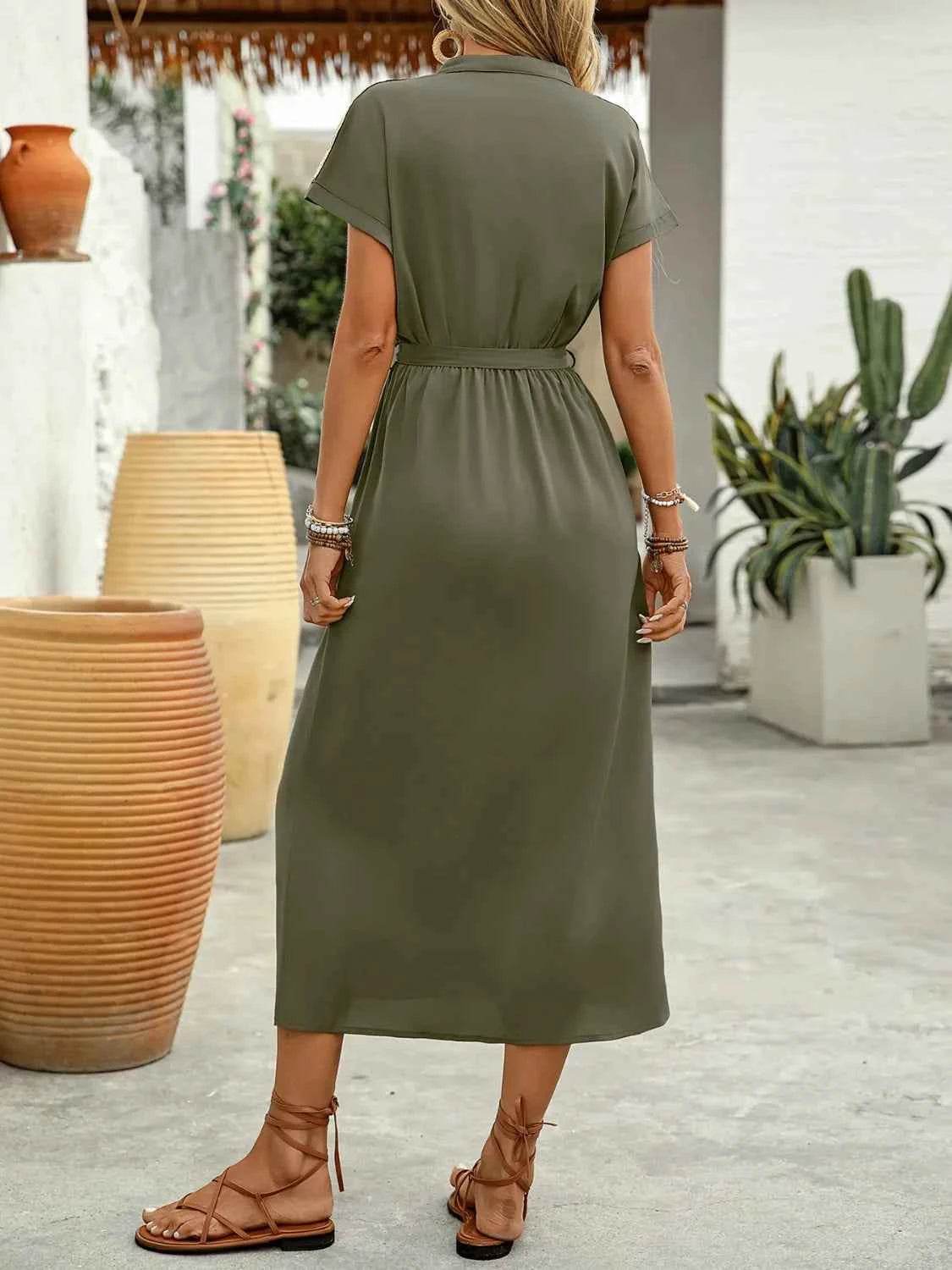 Sequin Notched Short Sleeve Midi Dress.