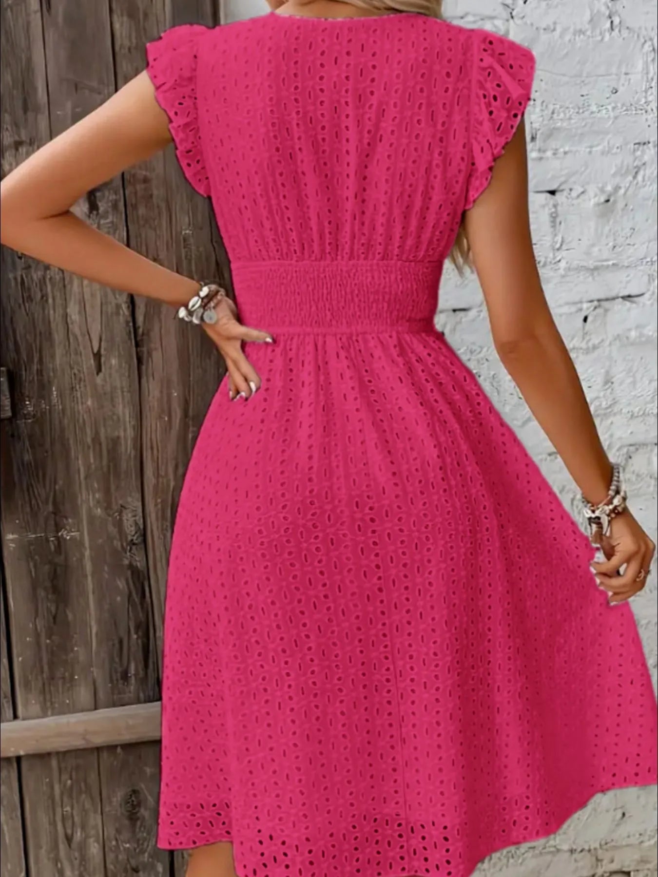 Eyelet Ruffled Cap Sleeve Mini Dress.