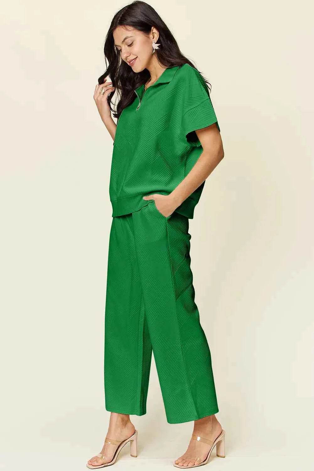Double Take Texture Set: Full Size Half Zip Top & Pants Set - EBYNN