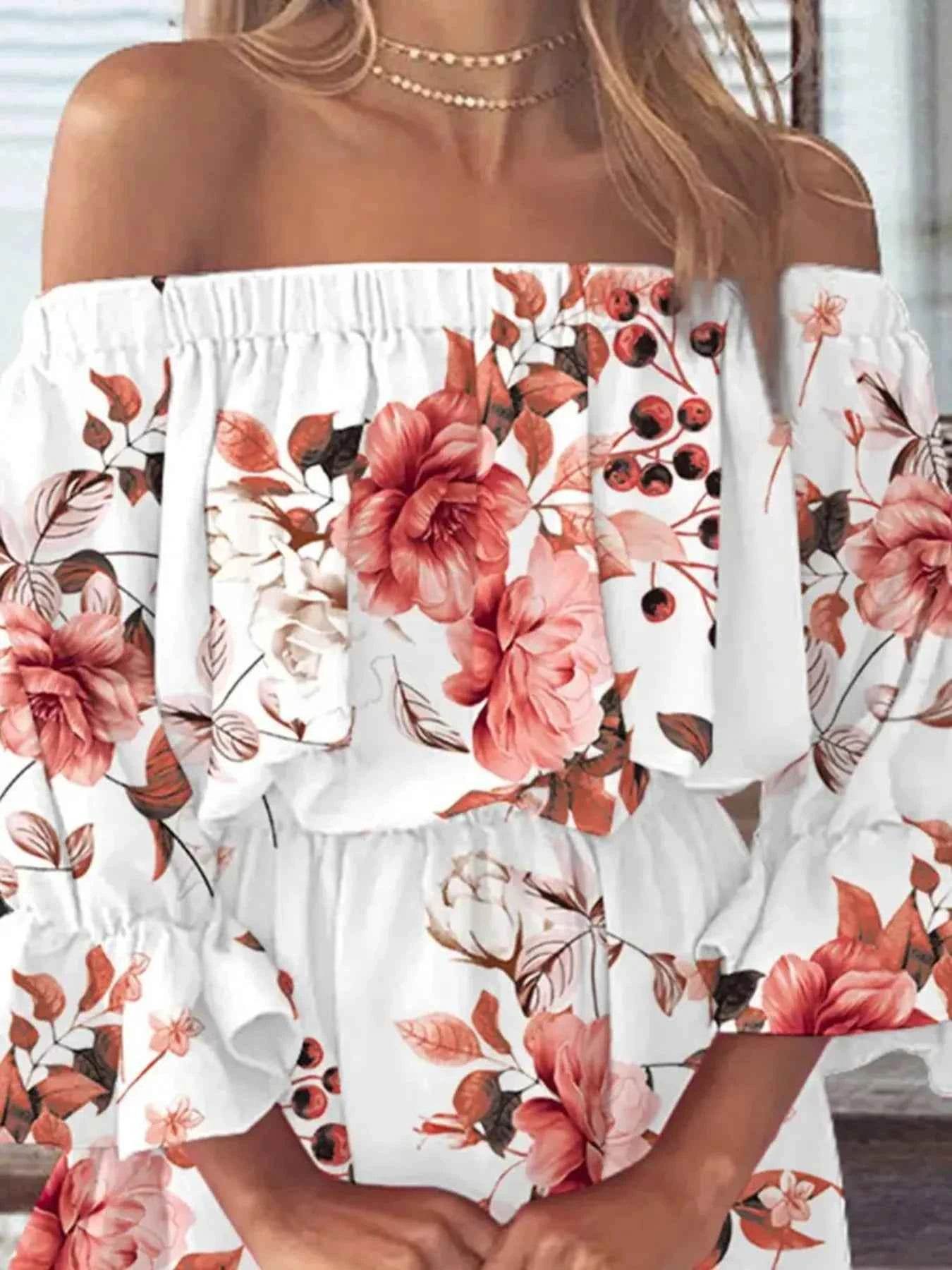 Floral Off-Shoulder Flounce Sleeve Mini Dress Plus Size.