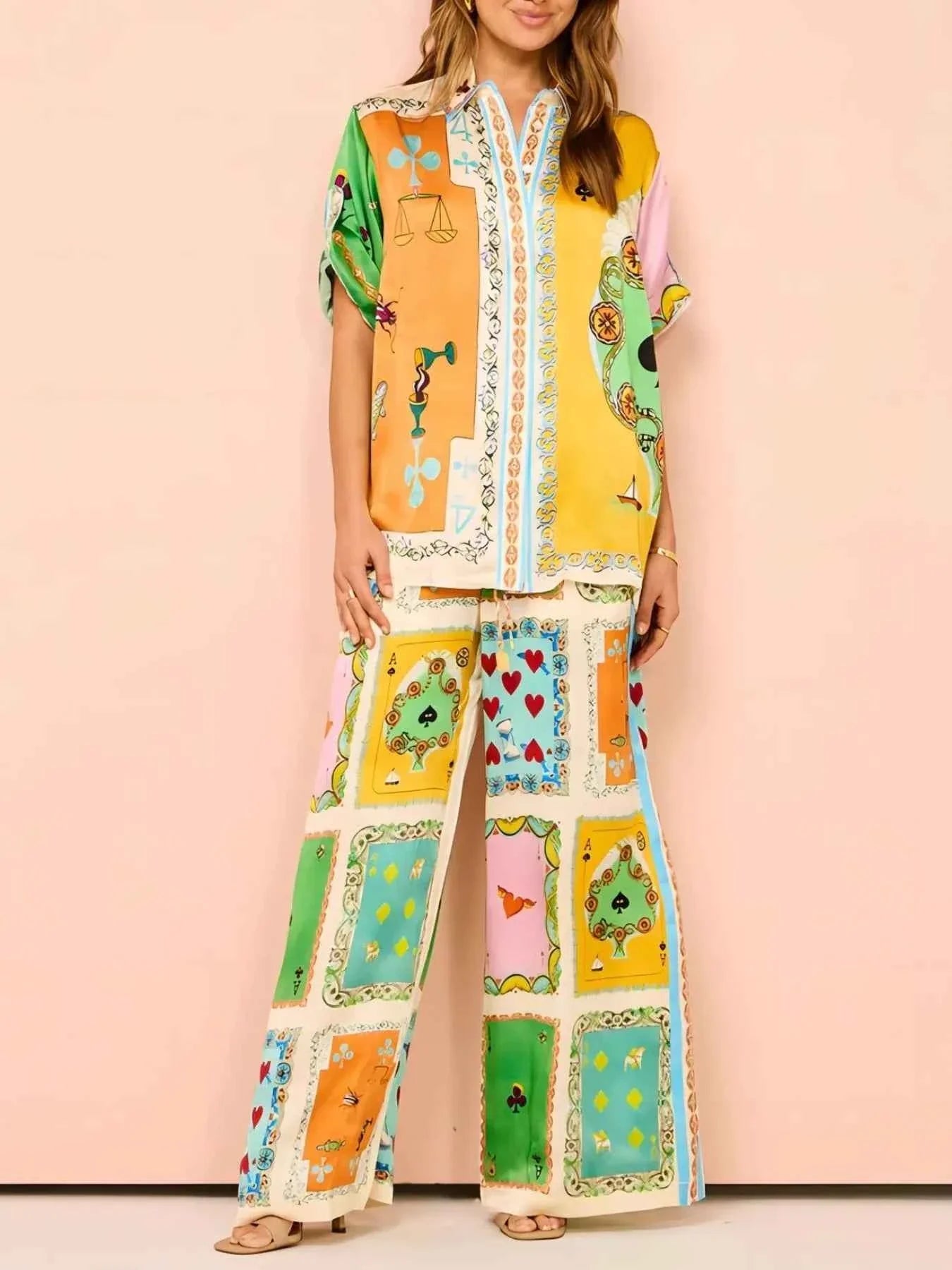 Printed Button Down Shirt and Pants Set.