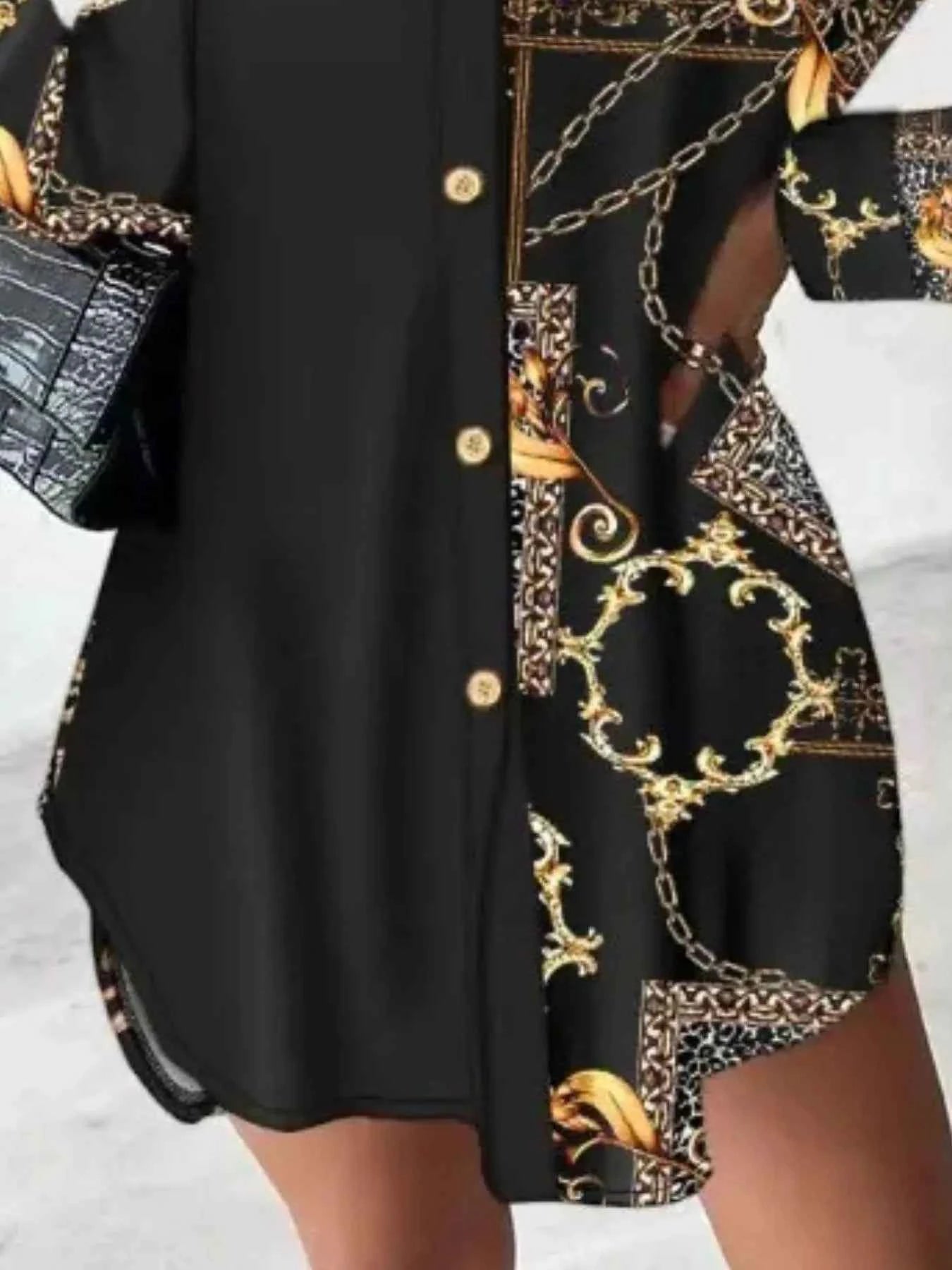 Printed Button Up Long Sleeve Shirt Dress.