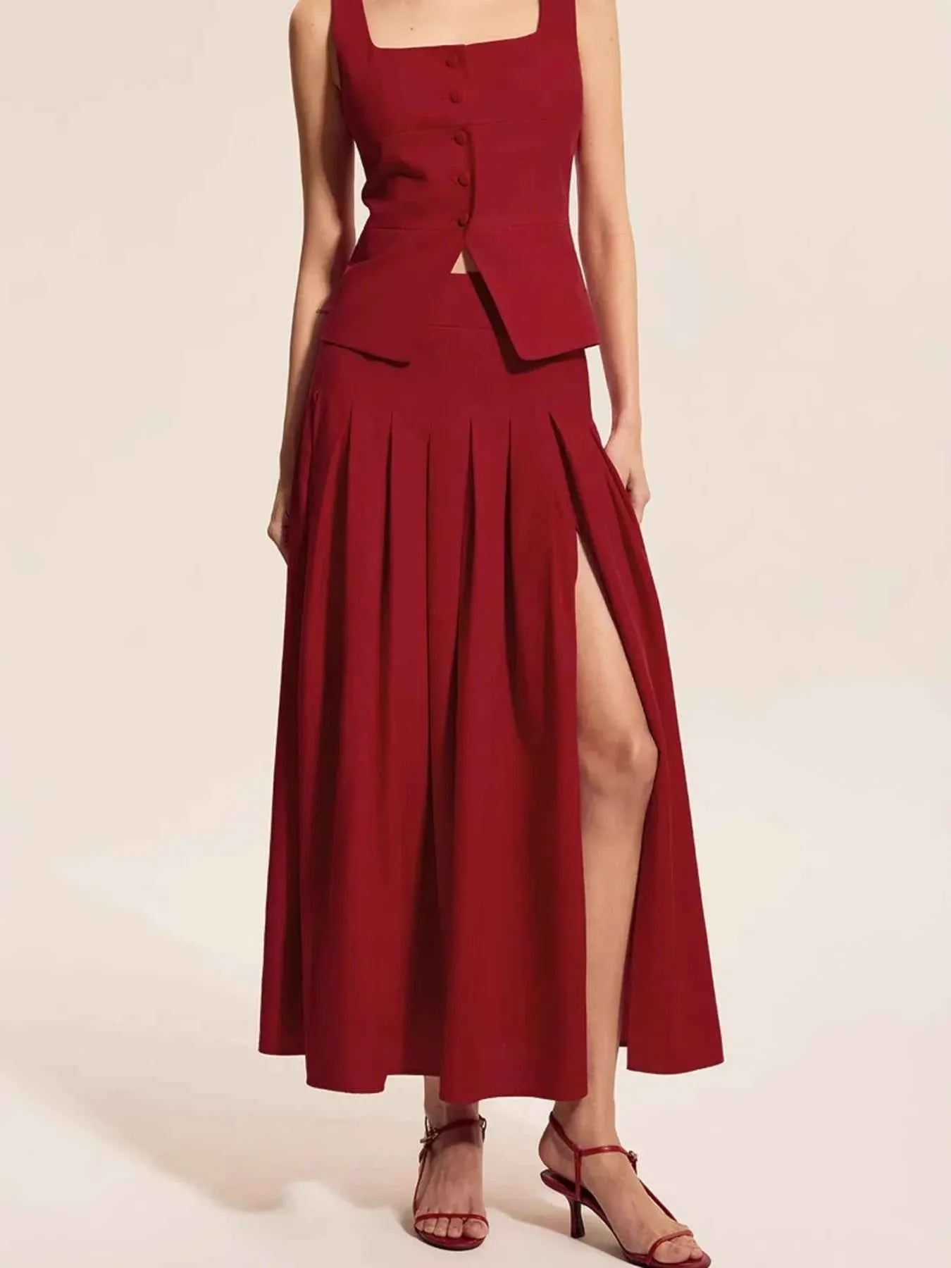 Square Neck Tank and Pleated Slit Skirt Set.
