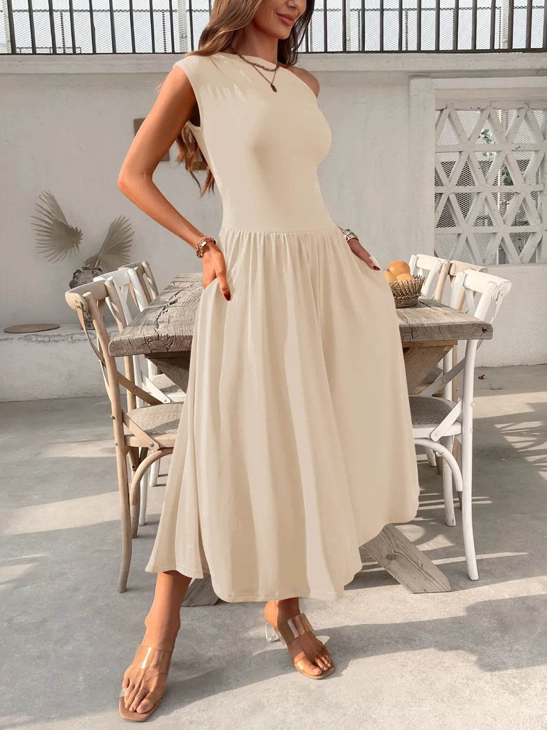 Single Shoulder Dress with Pockets.