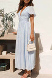 V-Neck Puff Short Sleeve Midi Dress.