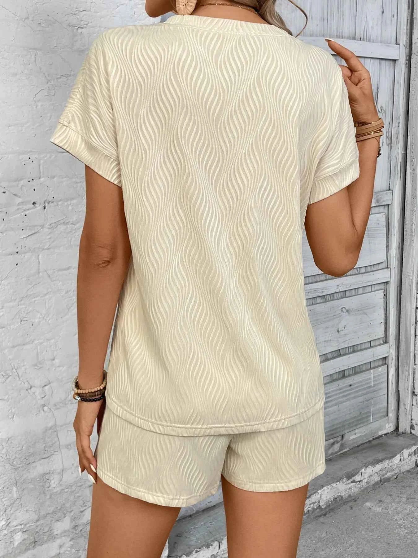 Textured Knit Round Neck Top and Shorts Set.