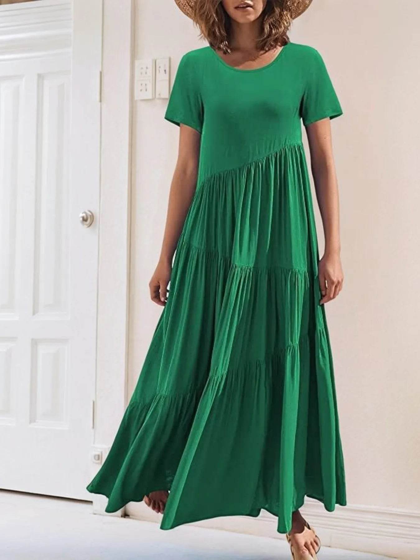 Round Neck Tiered Ruffle Maxi Dress.