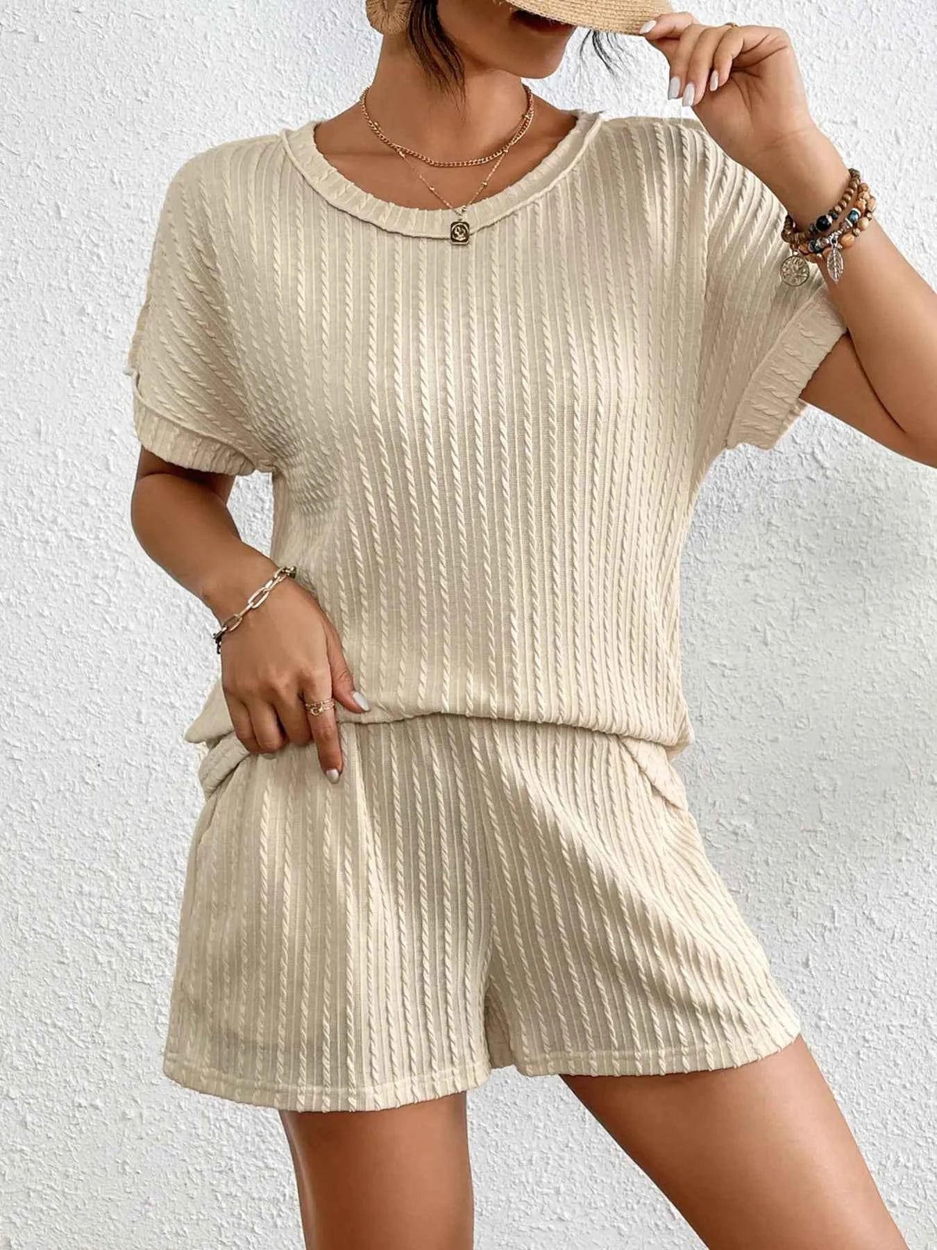 Texture Round Neck Top and Shorts Lounge Set.