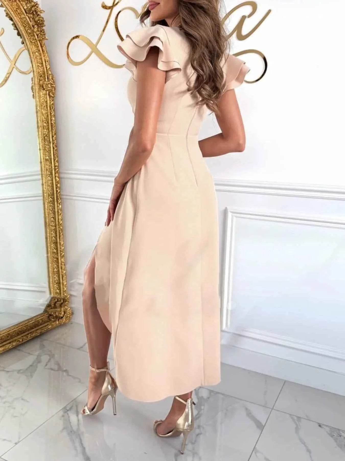 Surplice Ruffled Cap Sleeve Dress.