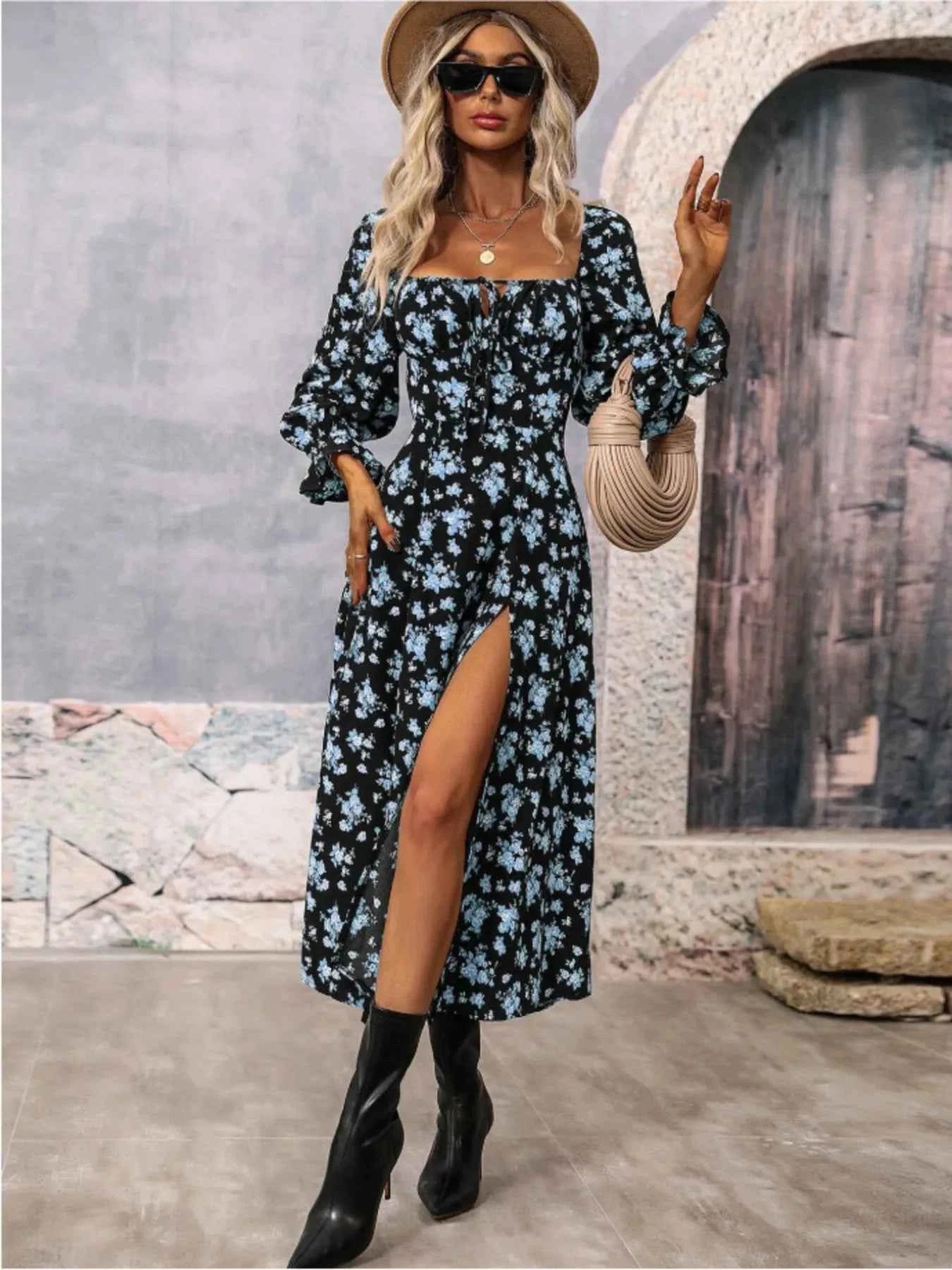 Floral Print Square Neck Dress with Flounce Sleeves.