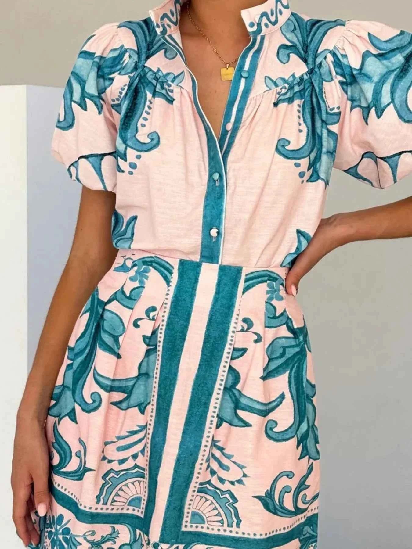Printed Puff Sleeve Top and Skirt Set.