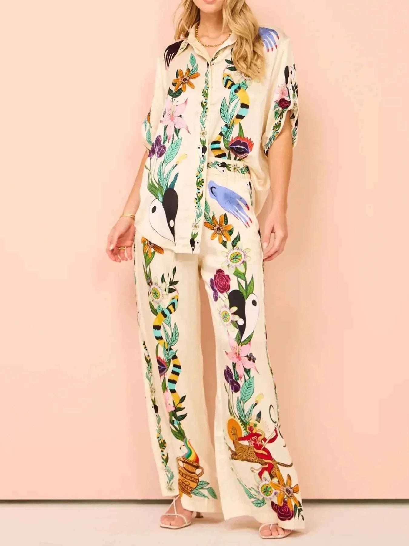 Printed Button-Up Shirt and Pants Set.