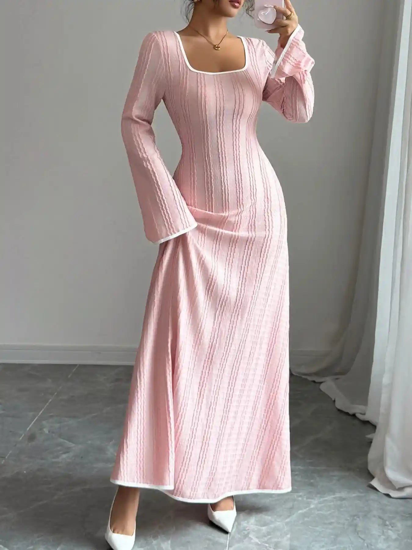 Textured Square Neck Long Sleeve Maxi Dress.
