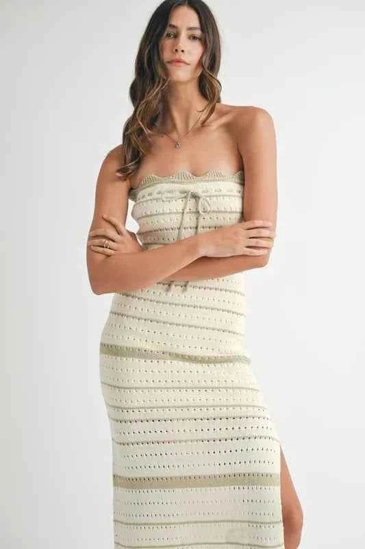 MABLE Contrast Striped Crochet Knit Midi Dress.