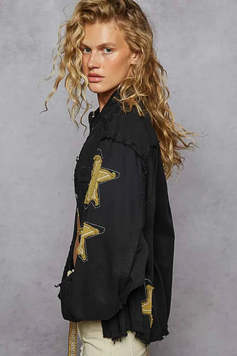 POL Star Patch Raw Hem Denim Jacket.