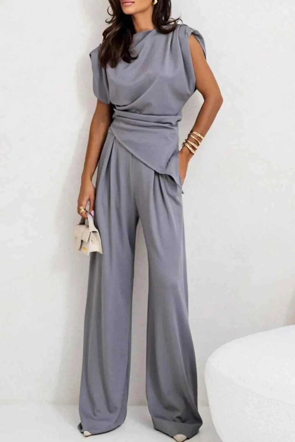Stylish Round Neck Top and Pants Set - EBYNN