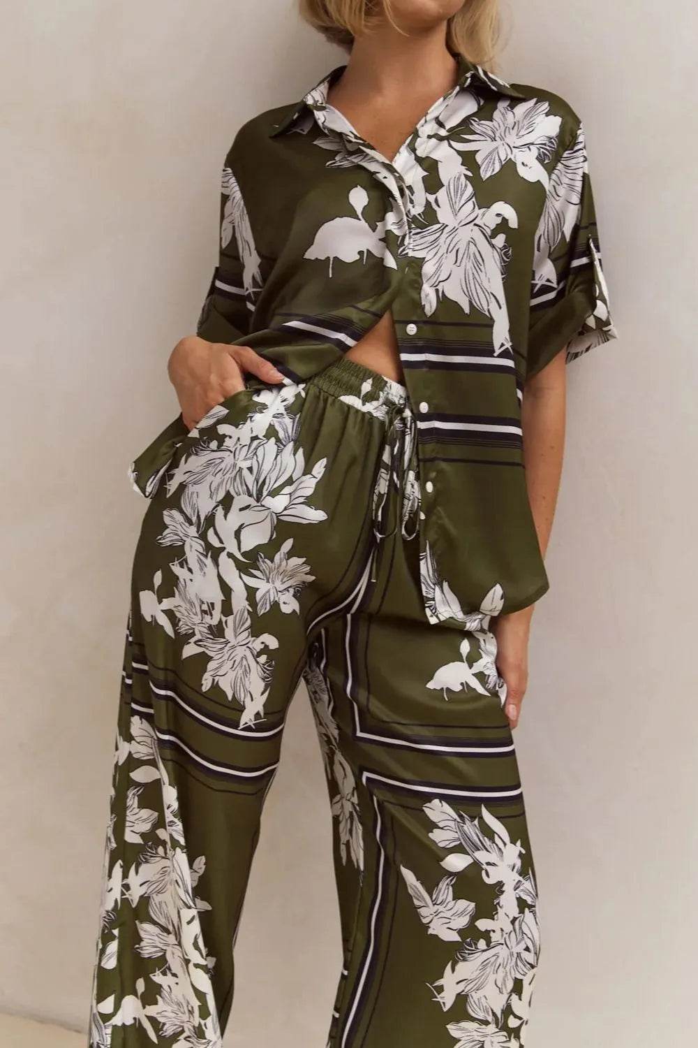 Printed Button Up Shirt and Pants Set - EBYNN
