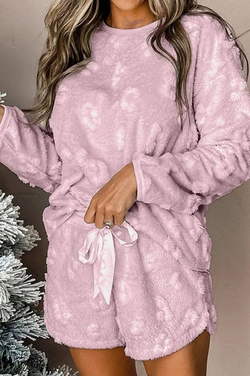 Round Neck Long Sleeve Top and Shorts Lounge Set.