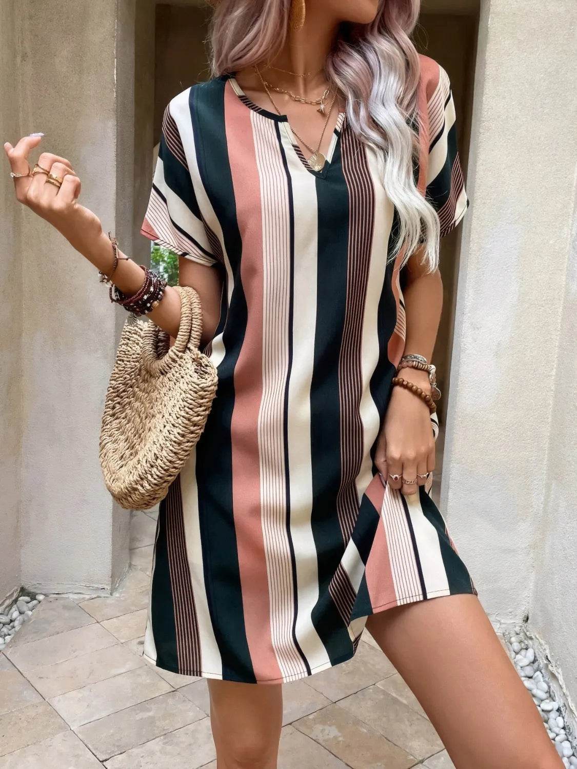 Striped Notched Short Sleeve Dress.
