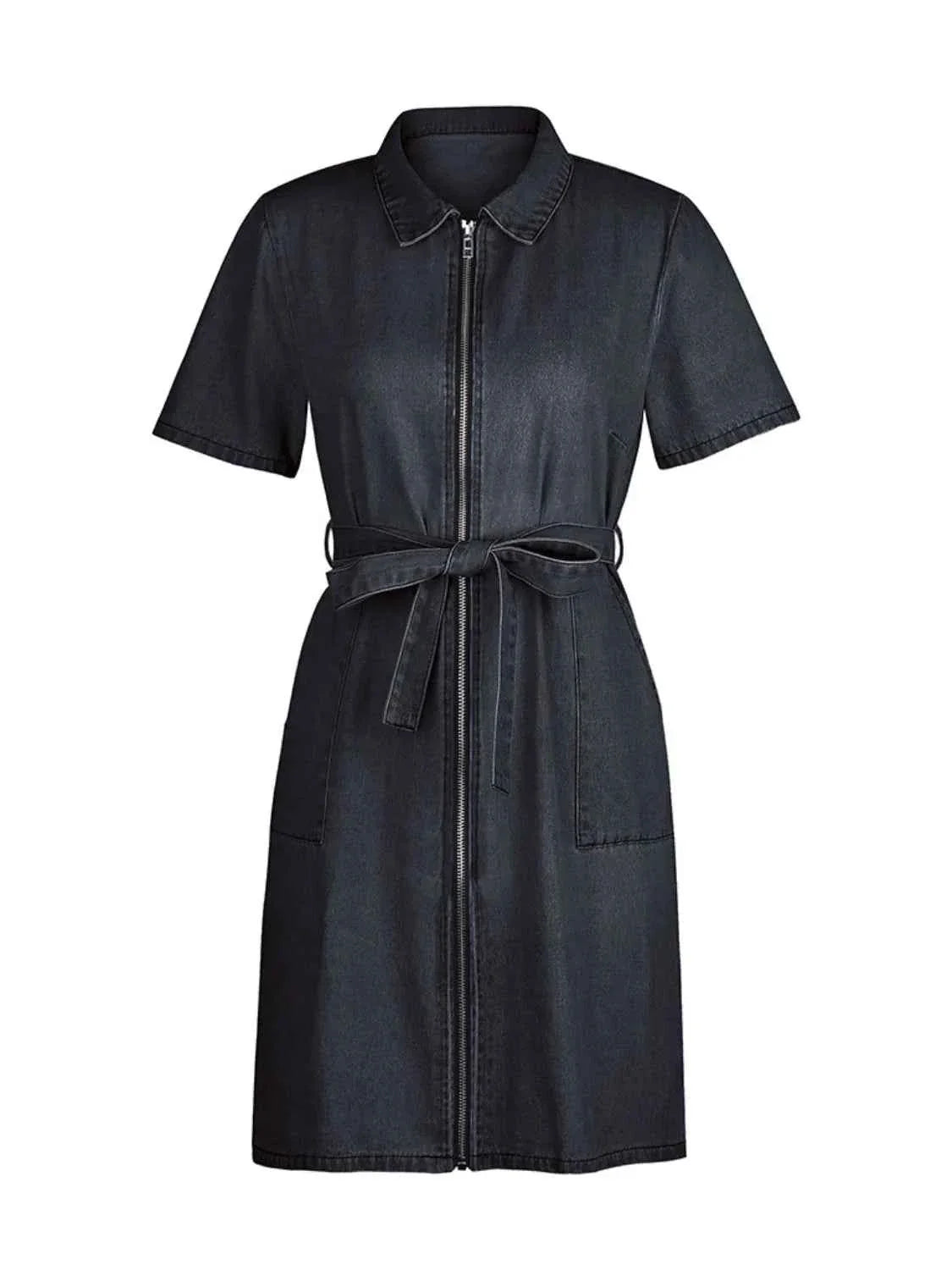 Plus Size Zip Front Short Sleeve Denim Dress.