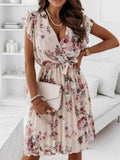 Floral Surplice Ruffled Cap Sleeve Dress.