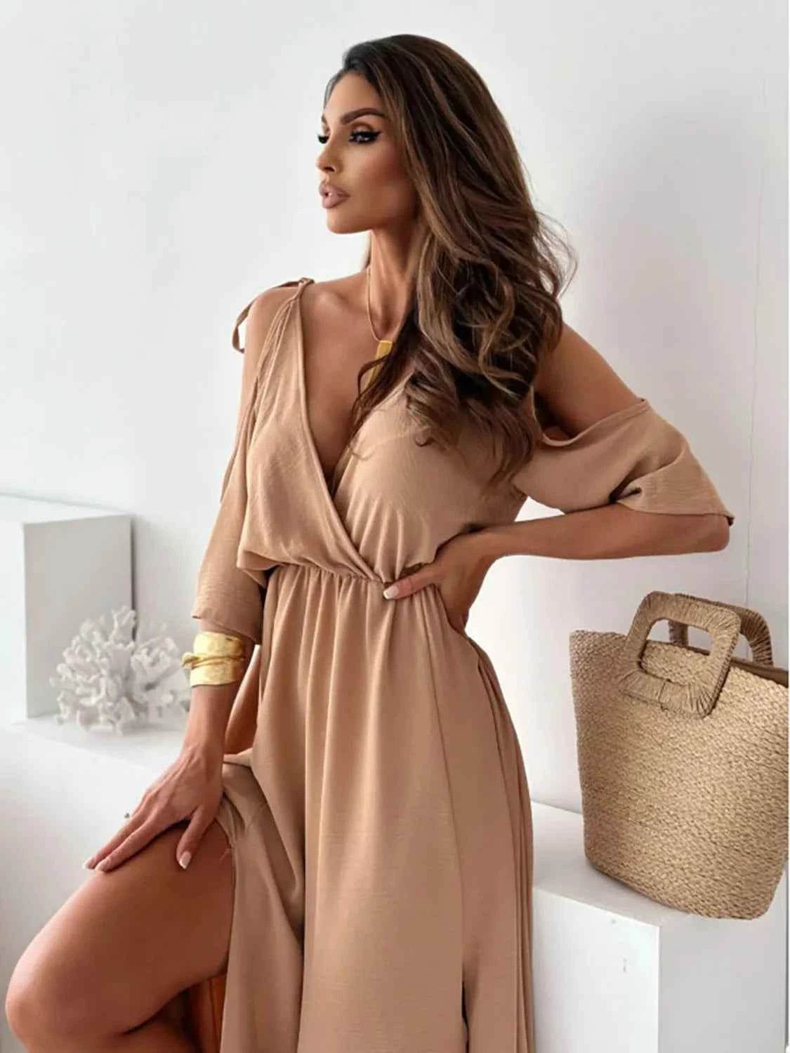 Tied Shoulder Slit Maxi Dress.