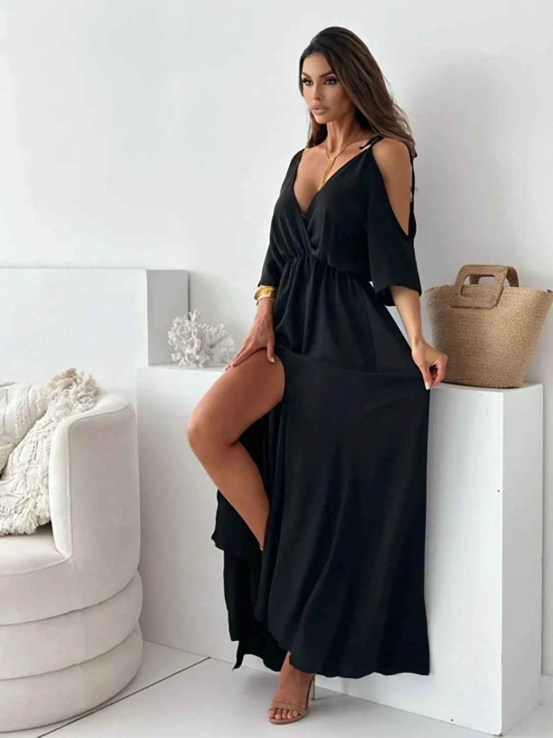 Tied Shoulder Slit Maxi Dress.